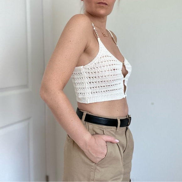 Croche Knit Open Front Spaghetti Strap Crop Cami - Picture 3 of 9